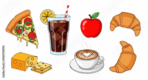Assortment of Delicious Food and Drink Illustrations for Design Projects.