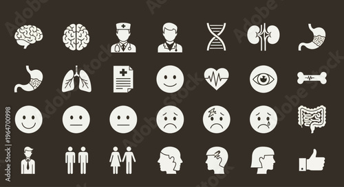Medical Icons Set: Brain, Lungs, DNA, Doctor, Stomach, Health, Emotions, Body Parts