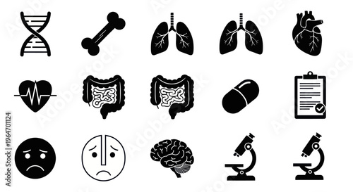 Medical Icons Set: DNA, Bone, Lungs, Heart, Intestines, Brain, Microscope, Pill