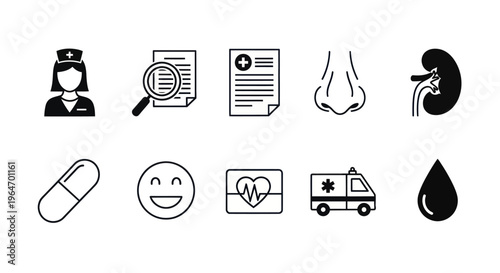 Medical Icons Set: Health Care, Diagnosis, Medicine, and Emergency Services