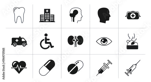 Medical Healthcare Icons Set: Tooth, Hospital, Brain, Eye, Pills, Syringe, Heart