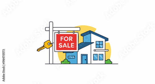 Illustration of a House for Sale with Key and Sign.