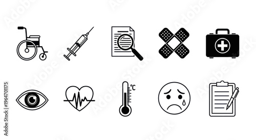 Medical Healthcare Icons Set: Wheelchair, Syringe, Magnifier, Bandages, First Aid Kit