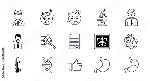 Medical Icons Set: Doctor, Virus, Microscope, DNA, X-ray, Stomach, Thermometer