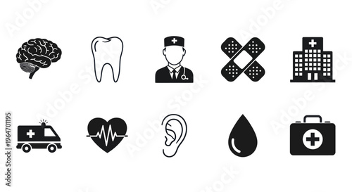 Medical Icons Set: Health Care, Hospital, Doctor, Ambulance, Brain, Tooth, Ear