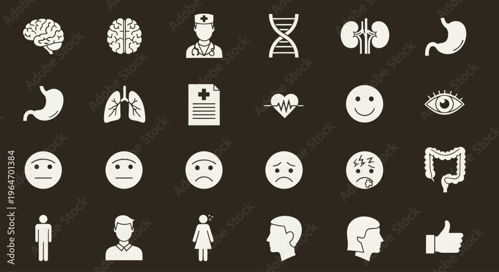 Fototapeta premium Medical Icons Set: Health, Anatomy, Emotions, and People - White on Dark