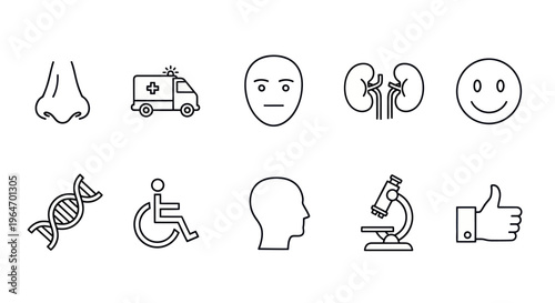 Medical Icons: DNA, Kidney, Nose, Face, Ambulance, Microscope, Disabled, Thumbs Up