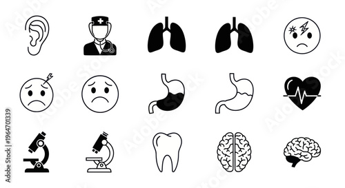 Medical Icons: Doctor, Lungs, Stomach, Heart, Brain, Tooth, Ear, Microscope, Sad Faces