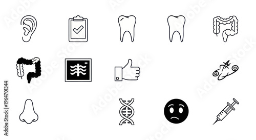 Medical Icons: Health, Anatomy, Diagnosis, Genetics, and Treatment Symbols