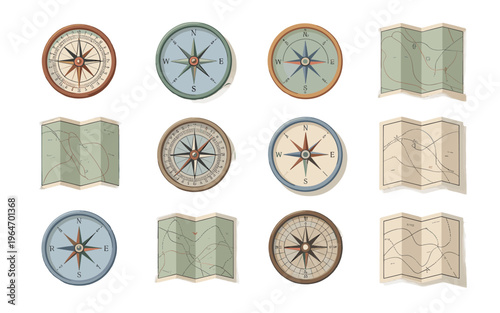 A collection of antique compasses and folded maps, representing exploration.