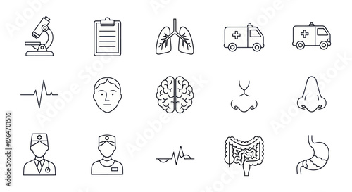 Medical Icons: Lungs, Brain, Heartbeat, Doctor, Ambulance, Stomach, Nose