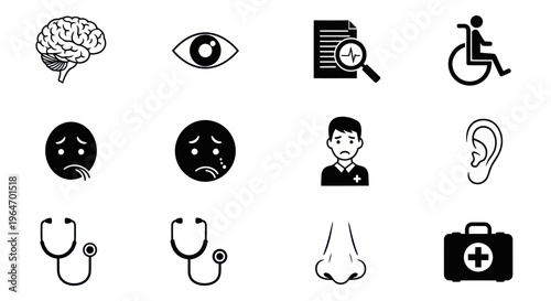 Medical and Health Icons Set: Brain, Eye, Document, Wheelchair, Emotions, Doctor