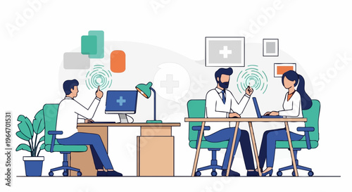 Medical professionals collaborating in a modern office setting.