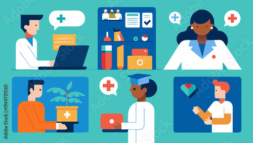 Healthcare professionals collaborating using digital technology and telemedicine platforms Vector