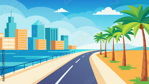 Modern city skyline along a sunny coastal road lined with palm trees Vector
