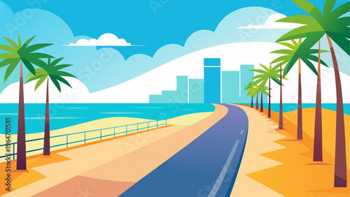 Scenic beachside promenade with palm trees and city skyline in the background Vector