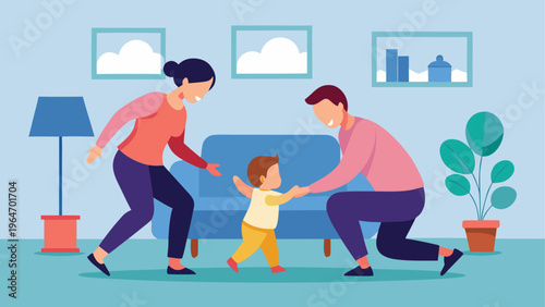 Family teaching a child to use a computer together in a cozy living room Vector