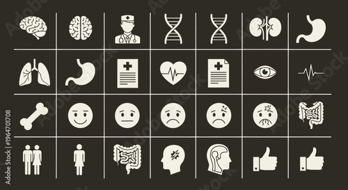 Medical Icons Set: Brain, DNA, Doctor, Organs, Emotions, Health, Human Body