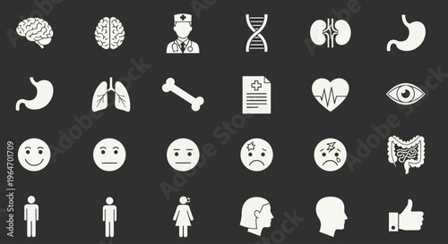 Medical Icons Set: Brain, DNA, Doctor, Kidney, Stomach, Lungs, Bone, Heart, Eye