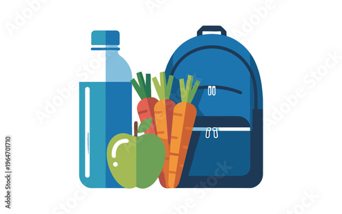 A refreshing lunch box: featuring a bottle of water, a crisp apple, juicy carrots, and a backpack.
