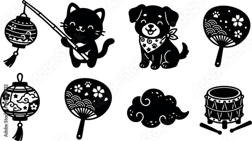 Black silhouette cat with lantern fishing dog with bandana fan and drum vector art