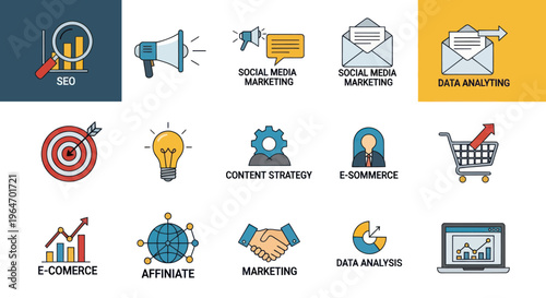 Digital Marketing Icons Set: SEO, Social Media, Data Analysis, E-commerce, Strategy