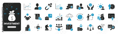 Investment finance business web solid icon set with money, banking, profit, growth, currency, savings, analytics, trading, revenue and financial management symbol