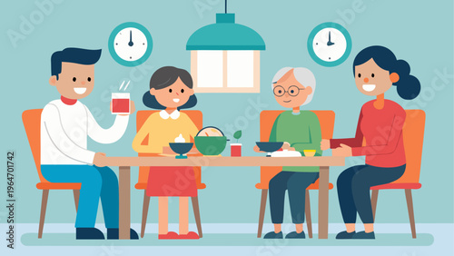 Family enjoying a meal together at a cozy dining table with a clock on the wall Vector