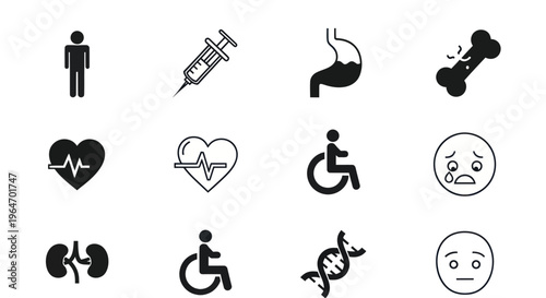 Medical Health Icons Set: Body Organs, Illness, Care, Diagnosis, Genetics