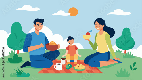 Family enjoying a picnic in a sunny park with their dog Vector