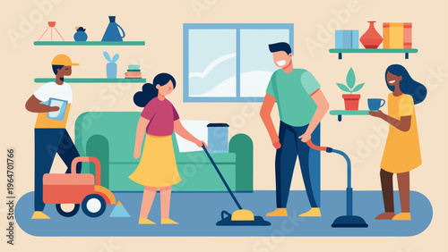 Family shopping together in a grocery store with colorful produce and bags. Vector