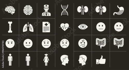 Medical Icons Set: Brain, DNA, Organs, Emotions, Health, Human Anatomy