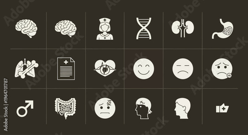 Medical Health Icons Set: Brain, DNA, Kidneys, Lungs, Stomach, Heart, Face