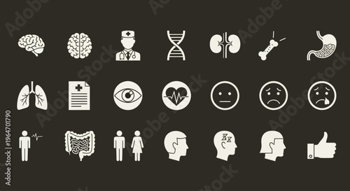 Medical Icons Set: Brain, DNA, Kidneys, Stomach, Lungs, Heart, Emotions, Doctor