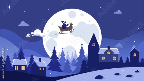 Magical nighttime scene with a flying witch over a fantasy village Vector