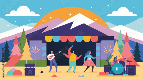 Music festival, outdoor stage, colorful illustration, summer concert
