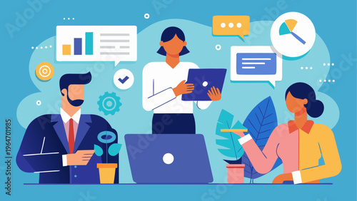 Team collaborating on project using digital tools and laptops Vector