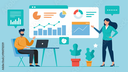 Team collaborating on data analytics and presentation in a modern office setting Vector