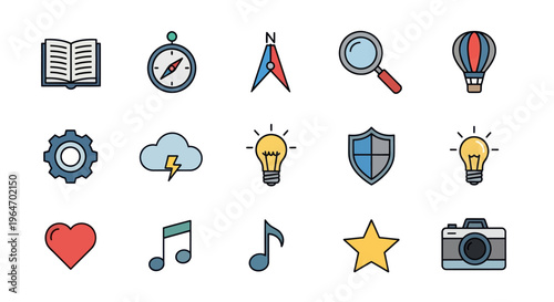 Collection of Flat Icons: Navigation, Ideas, Music, Camera, and More