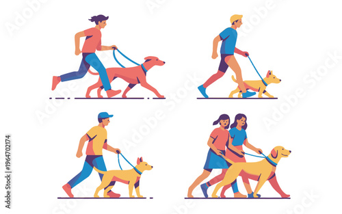 People walking and running dogs in different poses.
