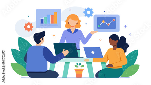 Team collaborating through video call with diverse participants Vector