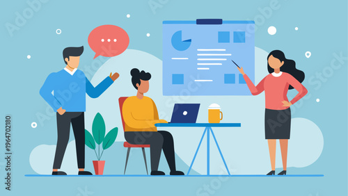 Team collaborating on a presentation with digital tools and charts Vector