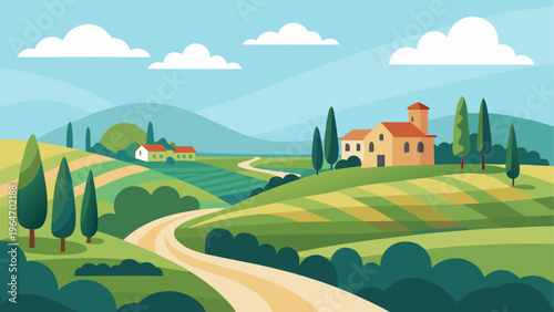 Scenic countryside road winding through rolling hills and cypress trees Vector