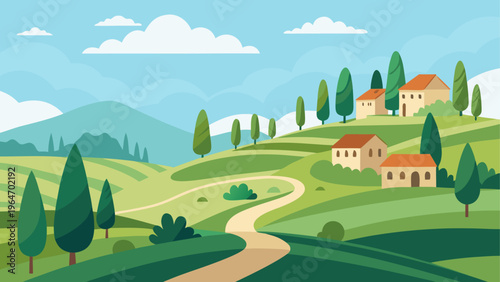 Charming countryside village nestled among rolling green hills and cypress trees Vector