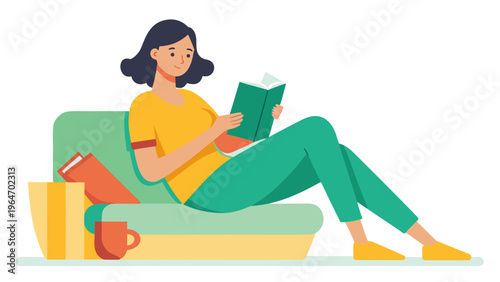 Woman relaxing and reading a book on a comfortable couch Vector