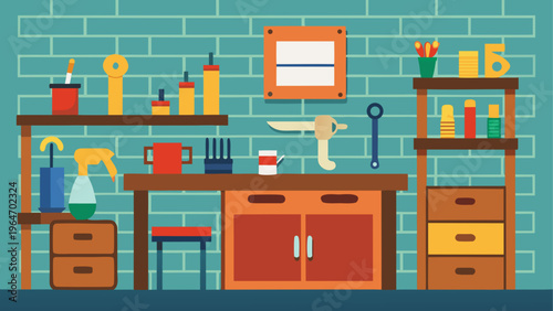 Vintage kitchen with colorful appliances and wooden shelves Vector