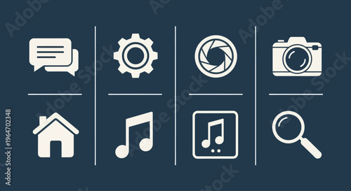 Collection of Modern Flat Icons on Dark Blue Background - Communication, Settings, Camera, Music, Home