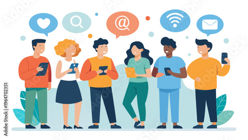 Diverse group of people collaborating with interconnected digital icons around them Vector