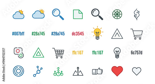 Collection of Web Icons and UI Elements: Weather, Search, File, Lightbulb, Cart, Heart