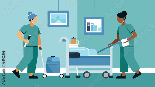 Medical staff cleaning and organizing a hospital operating room together Vector